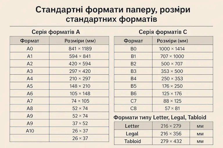 Стандартні формати паперу, розміри стандартних форматів: Повна таблиця і пояснення